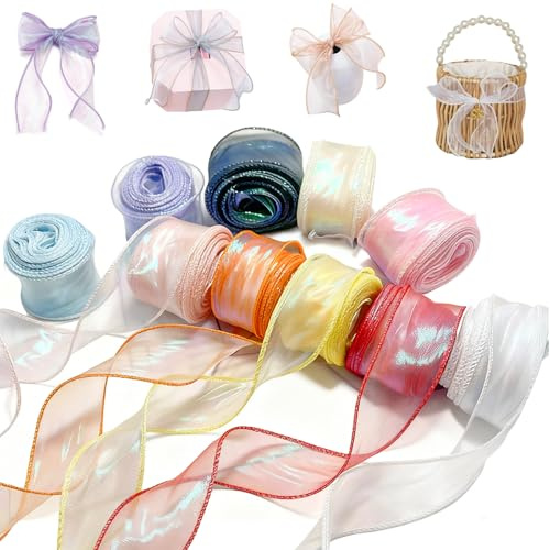 10 Rollen Schillerndes Organzaband 4cm x 9m Geschenkband Schleifenband Breit Chiffonband Durchscheinende Seidenband für Basteln Dekoration Kränze Hochzeitsdekoration
