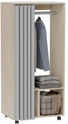 HOMCOM Armoire penderie mobile dressing avec rideau armoire de rangement 4 roulettes avec tringle de suspension et étagères, penderie vêtement roulant pour chambre, 60 x 40 x 128 cm effet bois naturel
