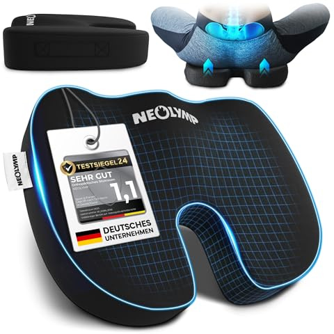 NEOLYMP Orthopädisches Sitzkissen – Memory Foam Kissen mit Steißbein-Aussparung – Ergonomisches Design für Büro, Auto & Reisen – 3 Härtegrade für Sitzkomfort (Schwarz, Fest | 80-130 kg)