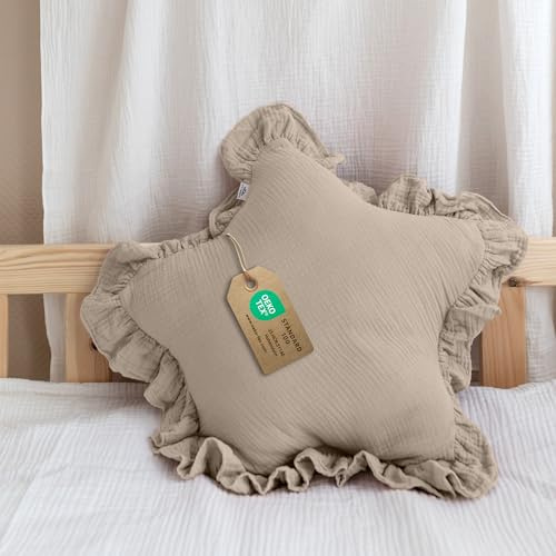 Dekokissen Kinderzimmer [Kuschel Kissen in Herz- & Sternform] - Kuschelkissen Kinder aus 100% Musselin-Baumwolle - handgenäht & weich in 12 Farben - Herzkissen Sternkissen Deko fürs Kinderbett