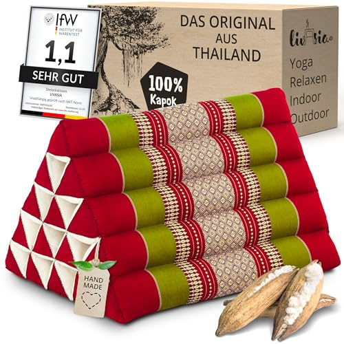 livasia Rückenstützkissen extrahoch - 38x55x35cm - Dreieckskissen für Garten und Balkon, Keilkissen mit Kapok, Lagerungskissen für Beine, handgefertigt, Meditationskissen (Rot/Grün)