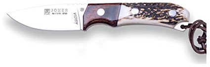 Joker Jagdmesser Aguila CC103, Klinge 8,5 cm MOVA, Überlebensmesser mit Hirschhorngriff, rote Holzfassung, Gürtelmesser mit brauner Lederscheide, Werkzeug zum Angeln, Jagen, Camping und Wandern