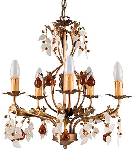 Helios Leuchten Florentiner Pendelleuchte Deckenlampe | Blüten Hängelampe | Florale Lampe Leuchte Kronleuchter Landhausstil | Pendellampe fünf-flammig