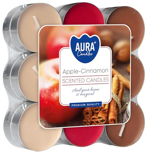 18 petites bougies chauffe-plat parfumées pomme – cannelle, arôme léger jusqu'à 4 heures, diamètre : 3,9 x 1,5 cm