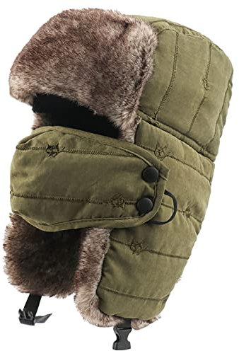 SJASD Unisex Fliegermütze Warm Wintermütze Pilotenmütze mit Ohrenklappen,Russische Mütze Bomber Mützen Skimütze Fellmütze für Outdoor Radfahren Skifahren,Grün,L(55~61cm)