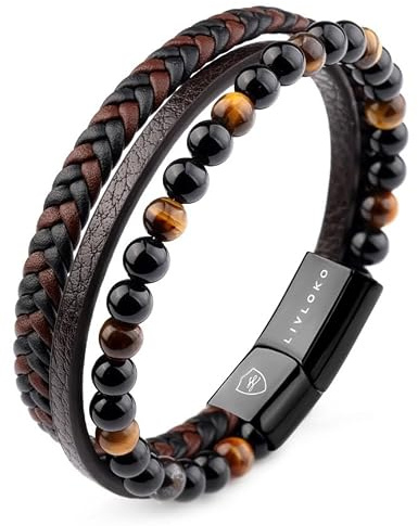 LIVLOKO LONDON - Pulsera de cuero para hombre, con cuentas de piedra de ojo de tigre de varias capas, cierre magnético de acero, bandas de cuerda vikinga, pulsera para hombre surfista, caja de regalo