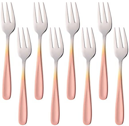 BISDARUN Tenedor de acero inoxidable para tartas, 3 dientes, tenedor de frutas, 8 piezas, gradiente de oro rosa, juego de abrillantador de espejo, ideal para bodas y postres