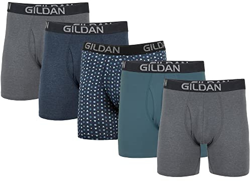 Gildan Men's Underwear Cotton Stretch Boxer Briefs, Multipack, Hthr Dark Grey/Hthr Navy/Shapes/Blue (4-pack), M