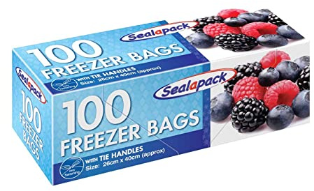 Sealapack 100 Fridge Freezer Bags with Tie Handles - Large Clear Plastic Storage Sandwich Bags for All Types of Food Preservation - 26cm x 40cm (2)