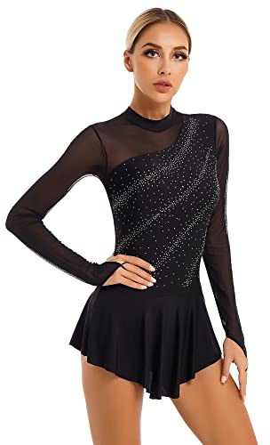 iEFiEL Damen Langarm Ballettkleid Eiskunstlauf Kleid mit Glitzer Kristallen Ballettkleidung Gymnastik Leotard Turnanzug Tanzkostüm