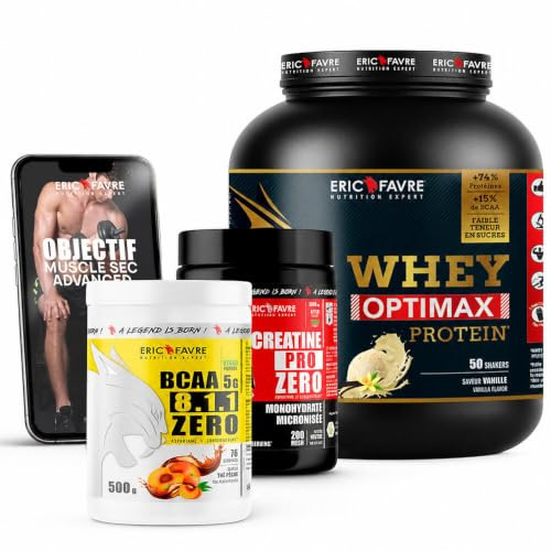 PACK MUSCLE SEC - Kit Advanced, Protéines, Créatine - Iso Zéro 100% Whey + BCAA 8.1.1 ZERO + Créatine ProZero + Turbo Testo + Shaker 400ml - Eric Favre