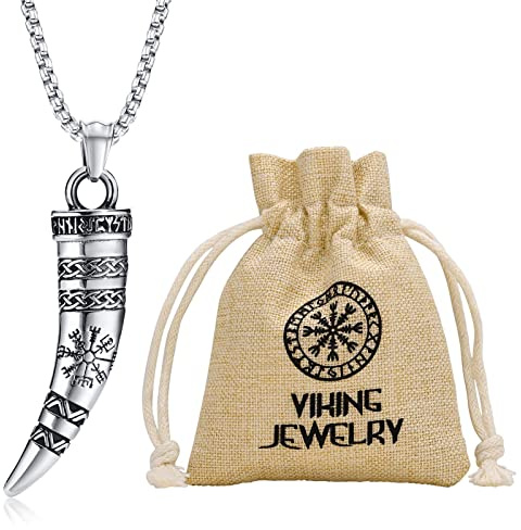 Collana da uomo con corno vichingo, in acciaio inox massiccio, medievale, nodo celtico, bussola, ciondolo a forma di corno vichingo, con sacchetto regalo vichingo, amuleto, regalo da uomo, Metallo