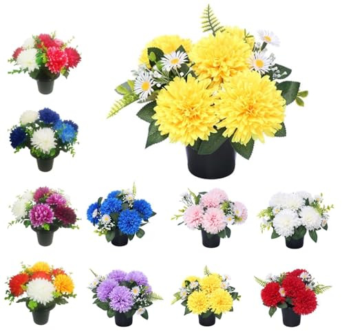 Mr. Barry's Artificial Chrysanthemum Grave Flower Pot (Yellow/Orange) | Weather-resistant artificial cemetery flowers with realistic chrysanthemums and daisies for graves, memorials and tributes.