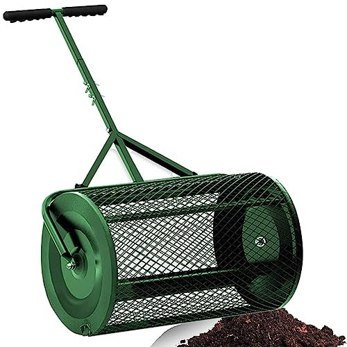 Spargitore di Muschio di Torba Spanditore per Prato e Giardino - Tamburo Cilindrico - Rullo Spargitore di Terriccio per Letame di Compost - Impugnatura Regolabile,12.5 * 24in-Green