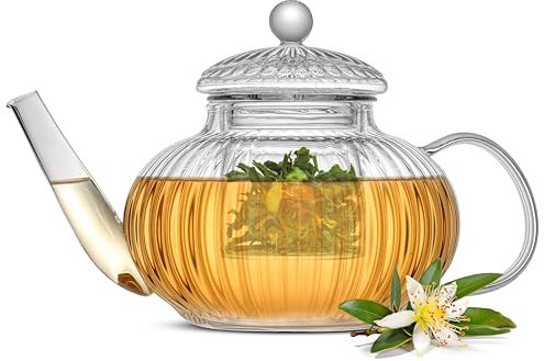 JoyJolt Fluted Glass Teapot Set 34oz, Stovetop Safe Tea Kettle, Borosilicate Clear Kettle with Removable Glass Infuser, Blooming and Loose Leaf Tea Maker and Brewer