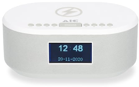 AIC Radiowecker DAB mit Ladefunktion Bluetooth QI Funktion USB Dual Alarm 18DAB Weiss
