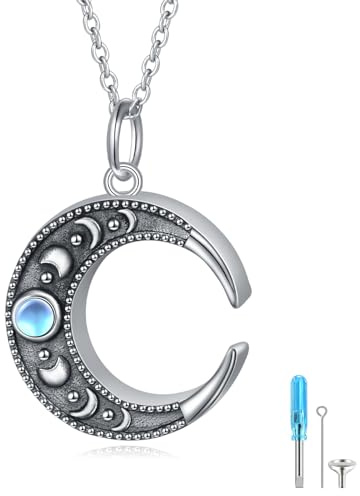 HOOHWE Mondstein Urn Halskette für Asche 925 Sterling Silber überzogene Halbmond Phase Halskette Mond Phase Charm Kreis Mond Anhänger Halskette für Frauen Mond Schmuck Asche Andenken Anhänger Memorial