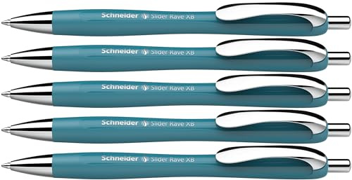 Schneider Slider Rave XB Kugelschreiber, 5 Stück, Türkis | Tinte: Blau, Viscoglide-Technologie für lange Texte ohne Aussetzer in Schule, Uni und Beruf, dokumentenecht, Mine wechselbar