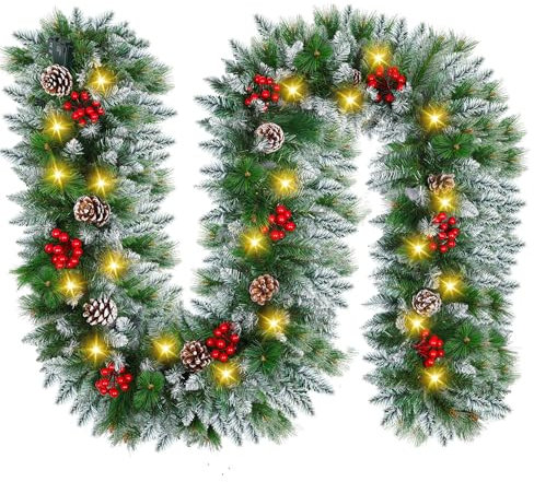 Guirnalda navideña con iluminación, 30 ledes, 2,7 m, guirnalda de abeto con iluminación de flores, bolas – decoración navideña de ratán para escaleras, interior y exterior