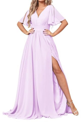 WSEYU Vestidos de dama de honor con mangas con volantes para boda, largo de gasa, cuello en V, plisados, vestidos formales con abertura hasta el suelo, Lila, 36