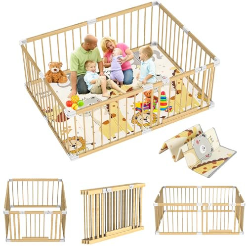 Parque Infantil Bebe 160x180cm con Alfombra Bebé,XXL Corralito Bebe de madera,Parque Grande de Juegos Bebé Plegable con Puerta Lateral Seguridad,Cambiable y ampliable Corralito para Gatear
