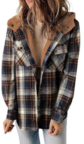 DabinFa Manteaux pour femmes 2024, manteau à capuche boutonné à carreaux pour femmes, manteau à carreaux, manteau à capuche à carreaux pour femmes, veste manteau chaud (Blue,Grand)