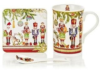 Premier Decorations Ceramic Nutcracker Christmas Trio Mug, Coaster and Spoon Set, Festive Holiday Decor, Boxed Gift Set