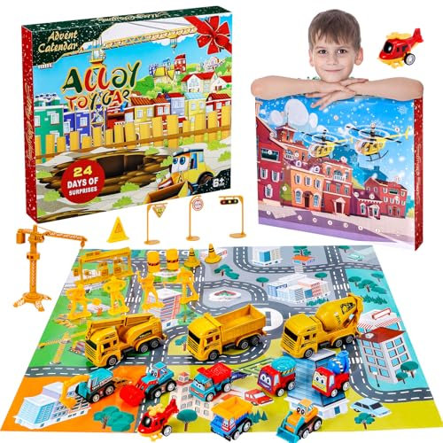 Calendario de Adviento 2025, Calendario de Cuenta Regresiva, Niños Calendario de Adviento 24 días con ingeniería Coches juguete y accesorios, Navidad Regalo para Niños Niñas 14+ Años