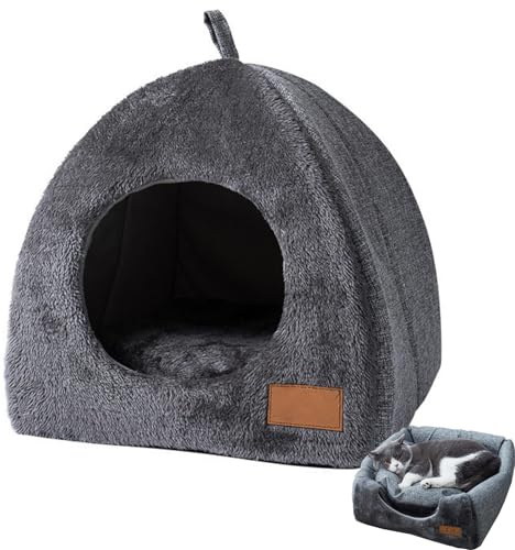 Haustierzelt, Höhle, Iglu-Bett, dreieckiges Katzenhaus mit abnehmbarem, waschbarem Kissen, 36 x 36 x 38 cm
