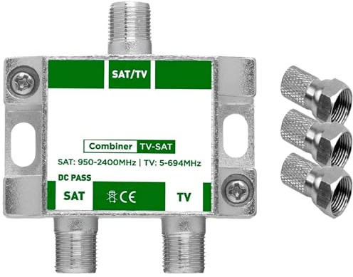 TECHZOCO Mezclador de señal satélite y terrestre, Mezclador TV/Sat, Diplexor señal Satélite y Terrestre, Apto para la Combinación de Dos señales en la Misma línea, Paso de DC, con Filtro LTE 5G