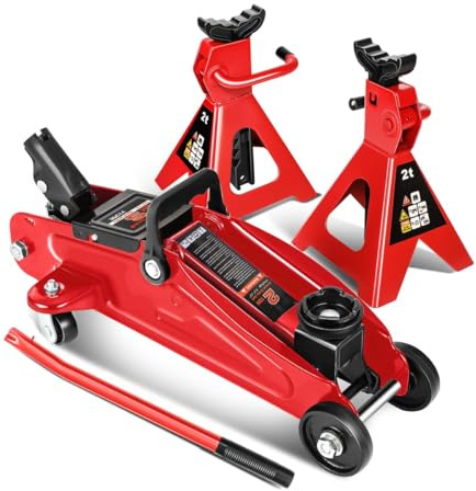 Auto Dynasty 2 Ton (4000 lbs) Capacity Floor Jack Low Profile Garage Hydraulic Trolley Service Lift Floor Jack Combo with Ratchet Jack Stands for SUV, Car and Truck, Red