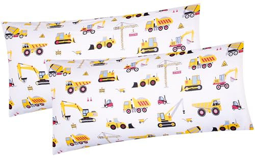 Renforcé Kissenbezug 2er Set 40x80cm Bagger Baufahrzeuge (EW-Bagger-40x80) | 100% Baumwolle, Kräne, Kopfkissen-Bezug, Kissenhülle, Doppelpack, Kinder, Reißverschluss