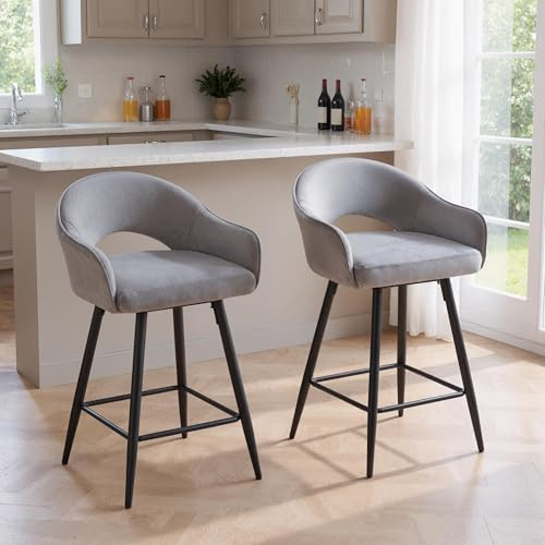 Ya-Home Barhocker 2er Set, 360°drehbar, Barstuhl aus Samt, Grau
