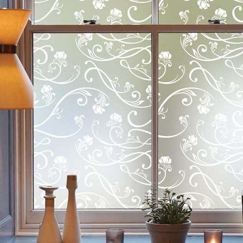 dktie Fensterfolie Sichtschutzfolie Dekorative Fensterfolie Mit Weißem Blumen und Reben Blickdichte Milchglasfolie Statisch haftend, Ohne Kleber, UV-Schutz, Sichtschutz, Blendschutz 44.5x200cm