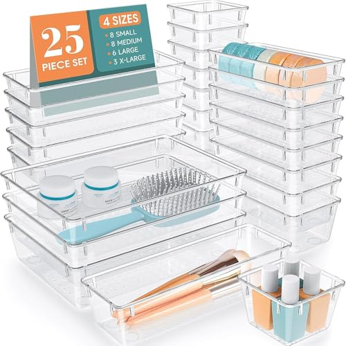 25-teiliges Schubladen-Organizer-Set aus durchsichtigem Kunststoff, 4 Größen, Schreibtisch-Schubladenteiler und Aufbewahrungsbehälter für Make-up, Schmuck, Gadgets für Küche, Schlafzimmer, Badezimmer,