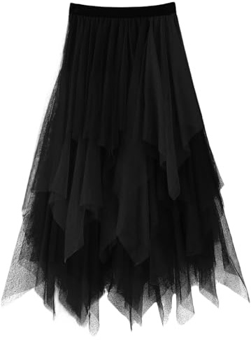 MUNSKT Femmes Jupe en Mousseline De Soie, Plissée Asymétrique, De Patin Court Jupe Midi D'été (FR/ES, Numérique, 32, Taille Normale, Taille Normale, Noir)