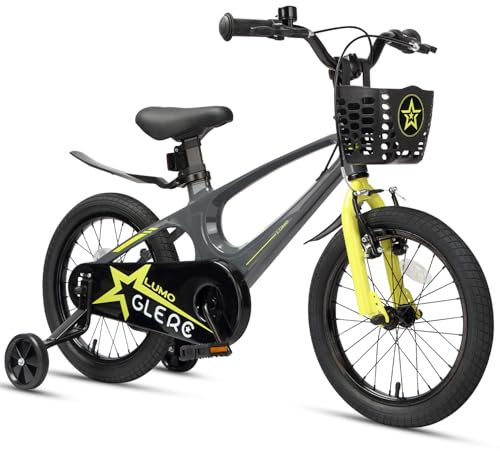 Glerc Lumo 18 Zoll Kinderfahrrad für Jungen 6 7 8 9 10Jahre, Leichtbau-Rahmen aus Magnesiumlegierung Verstellbarer Lenker & V-Brake Bremsen & Stützräder &Korb, Grau-Gelb