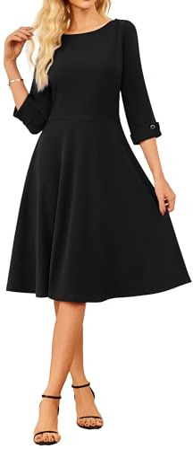GRACE KARIN Elegantes Sommerkleid Damen 3/4 Ärmel Midikleid A-Linie Plissee Abendkleid U-Boot-Ausschnitt Schwarz XL