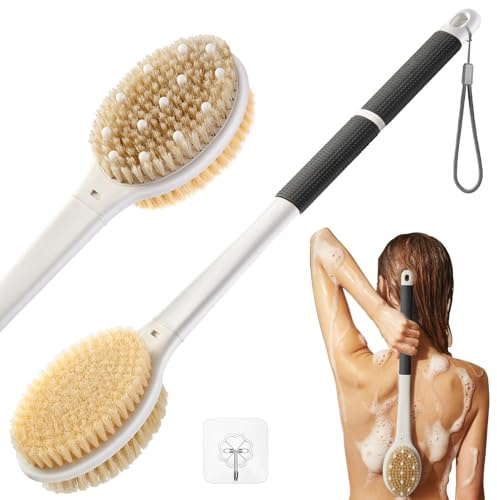 Back Scrubber Body Shower Brush: Massage & Exfoliation Dry Brush Anti Slip 18.1 Long Handle Bath Brush with Stiff and Soft Bristles - Showering Blood Circulation for Women Men Elderly (Black)
