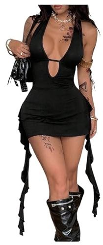 SOLY HUX Women's Sexy Halter Mini Dress Open Back Y2k Deep V Neck Backless Ruffle Fringe Bodycon Club Dresses Plain Black Medium