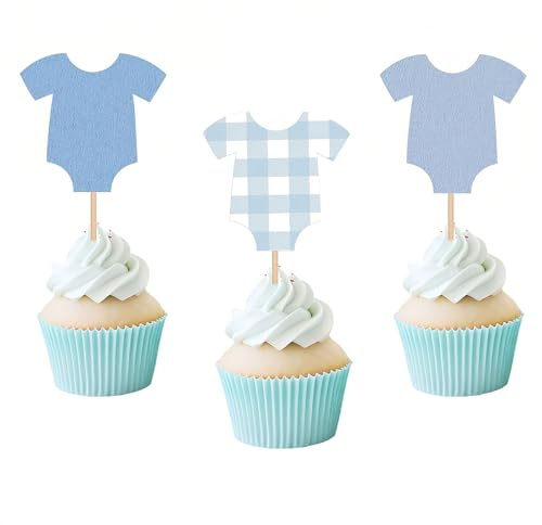 VelvetGlow 48 Pcs Blaue Bodysuit Cupcake Topper, Alles Gute Zum Geburtstag & Baby Shower Dekorationen, Blau Vichy Gingham Thema Party ZubehöR, Kuchen Dekor FüR Jungen Und MäDchen