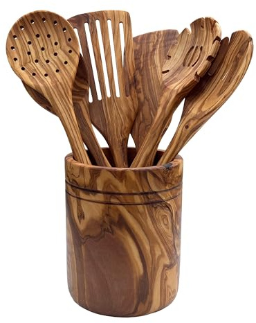 Plaisir - Le Grand - Lot de 7 couverts de cuisine en bois d'olivier - 30 cm - Ustensiles de cuisine et accessoires de cuisine faits à la main