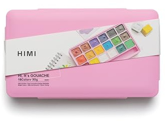 HIMI Jelly Cup Gouache Set 18 Paint Colours, Pink Case, Add Water to Reactivate, Smooth, Rich Colours, Gift, Artist Art Supplies, Large Scale Art Work to Fine Details, Ready to Use Gouache Colors