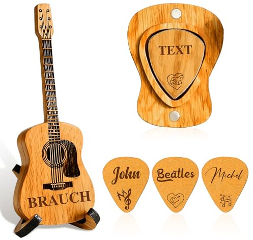 Personalisiertes Gitarrenplektrum-Etui aus Holz mit 3 gravierten Plektren | Anpassbare Mini-Plektrumbox Gravur von Namen oder Design für Gitarristen & Musikgeschenke