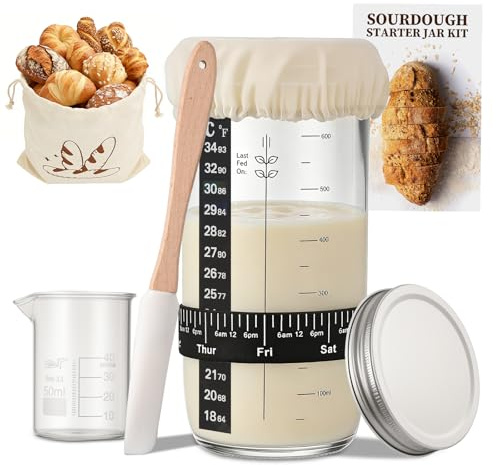 Avernest Kit de Iniciación de Masa Madre,Kit de Iniciación de Masa Madre,730 ml Tarro de Masa Madre de Vidrio,con instrucciones y accesorios para hornear pan,para principiantes y repostería casera