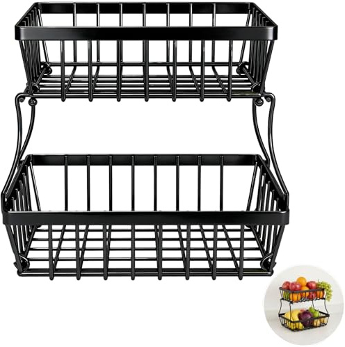 2 Tier Fruit Basket, Countertop Vegetable Storage Rack, Stackable & Detachable Standing Storage Rack, Carbon Steel Metal Basket with Open Design, 30 x 30 x 18 cm