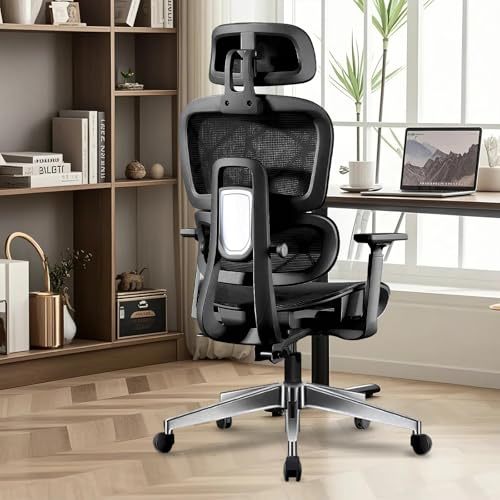 HDHNBA Silla de Oficina Ergonómica,Silla de Escritorio de Respaldo Alto con Soporte Lumbar 3 Niveles y Reposacabezas Ajustable,Silla de Computadora en Malla Giratoria Ajustable en Altura(Negro)