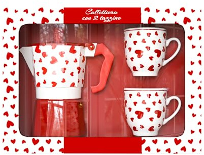 ICE TOYS Set Caffettiera con 2 Tazzine in Ceramica, Motivo Cuori Rossi, Caffettiera in Alluminio 14 cm, Tazze Bianche con Cuori Perfetto per regalare a chi che ami per regalo San Valentino (cuore)