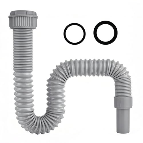 TIHNY Flexibelt avloppsrör 45 mm, utdragbart rör för diskbänk, avloppsslang med stålförstärkning, adapter 40 mm, hållbart avloppsset för kök & badrum (Grå)