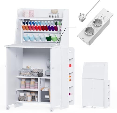 LED Nähtisch klappbar mit 33 Garnhalter & 2 Steckdosen, USB+Typ-C Nähmaschinenschrank mit viel Stauraum, Mobiler Nähmaschinentisch auf Rollen, Platzsparender Basteltisch für Wohnzimmer Schlafzimmer